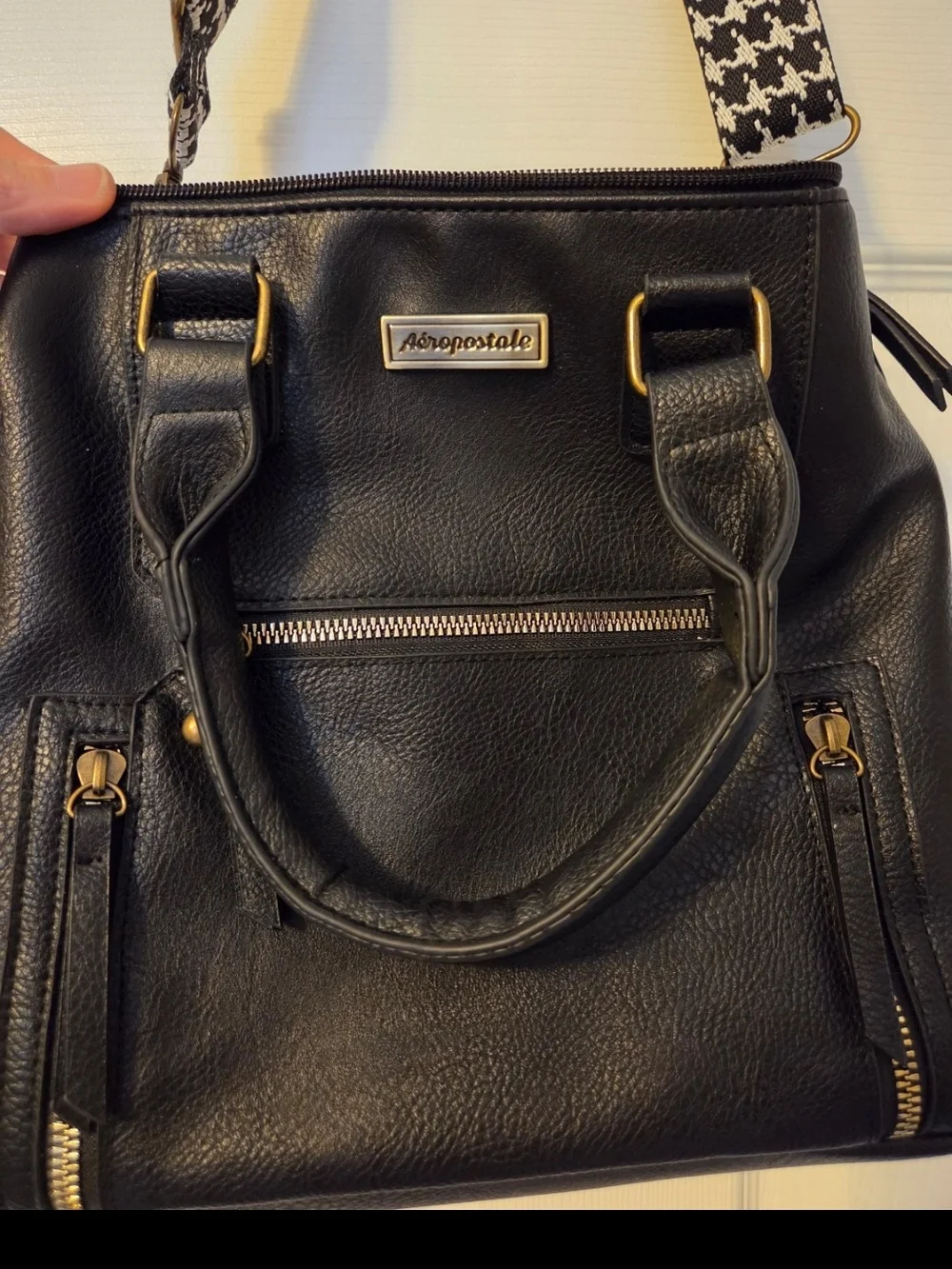 Aeropostale Black Faux Leather Satchel with Gold Hardware